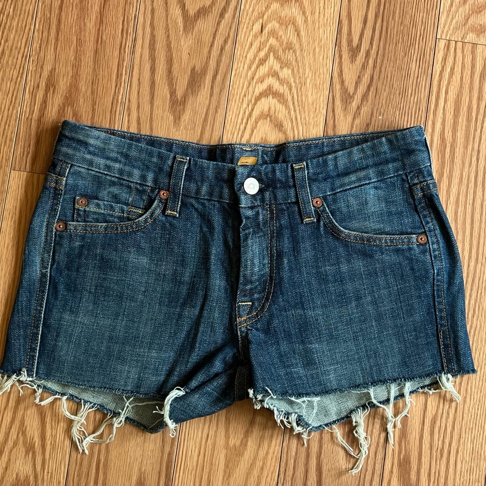 7 For All Mankind Women’s Cut Off Jean Denim Shorts Blue Size 27 Raw Hem